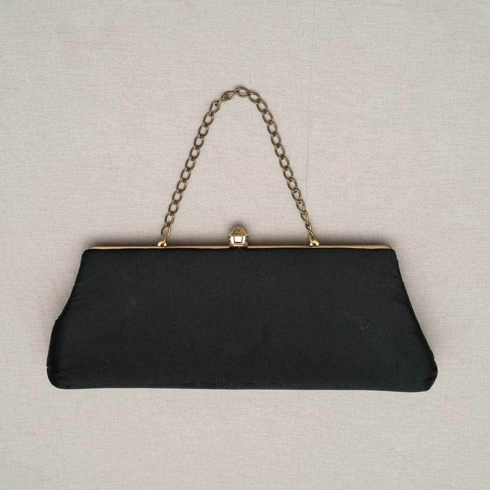 Vintage 50s 60s Clutch Wristlet Purse Chain Handle Black Gold Mid Century Womens